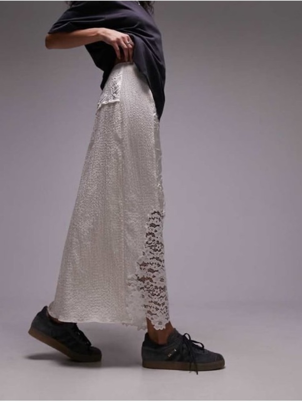 Topshop Crinkle Off White Ivory Satin Lace Patchwork Maxi Skirt Sheer Overlay